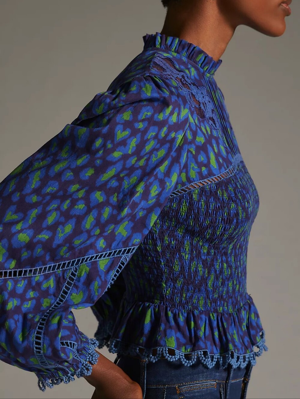 FARM Rio Blue and Green Smocked Peplum Blouse